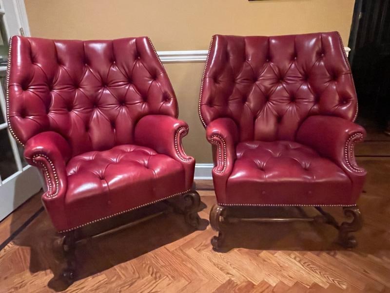Pair Oversized Tufted Leather Wingback Lounge Chairs, Georgian, Finest Quality - 4