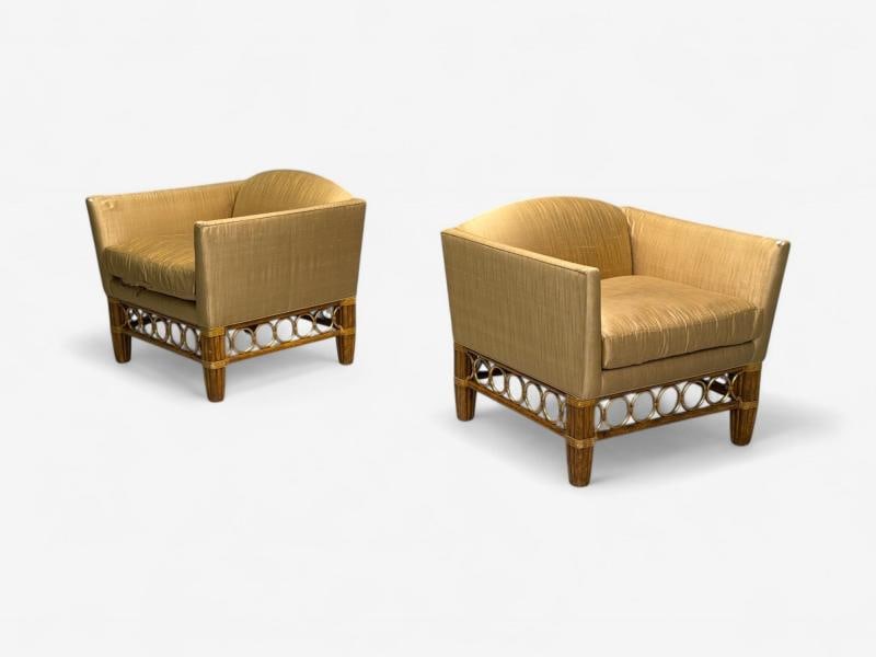 McGuire, Bamboo, Rattan, Fabric, Large Lounge Chairs, USA, 1960s - 3