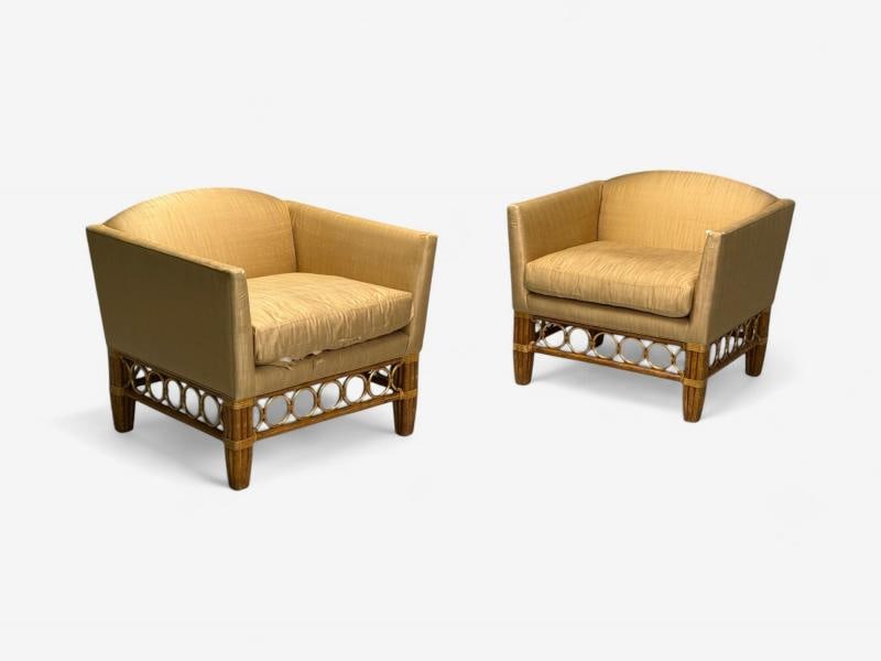 McGuire, Bamboo, Rattan, Fabric, Large Lounge Chairs, USA, 1960s - 9