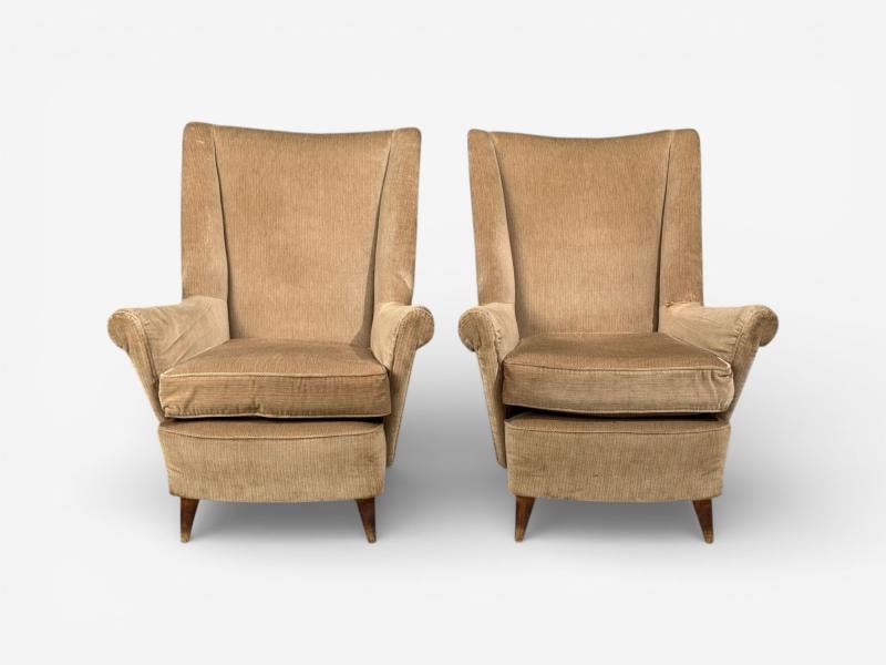 Paolo Buffa Style, Wingback Lounge Chairs, Fabric, Wood, Italy, 1950s - 3