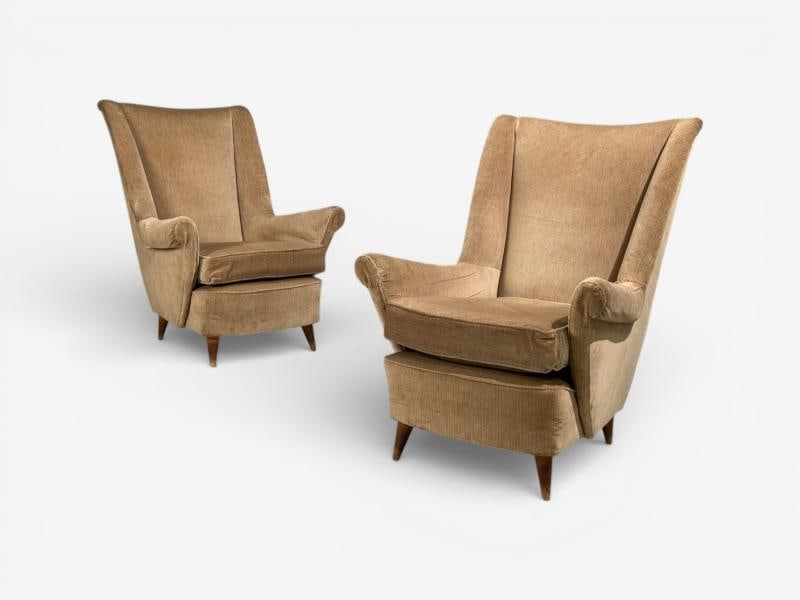 Paolo Buffa Style, Wingback Lounge Chairs, Fabric, Wood, Italy, 1950s - 4
