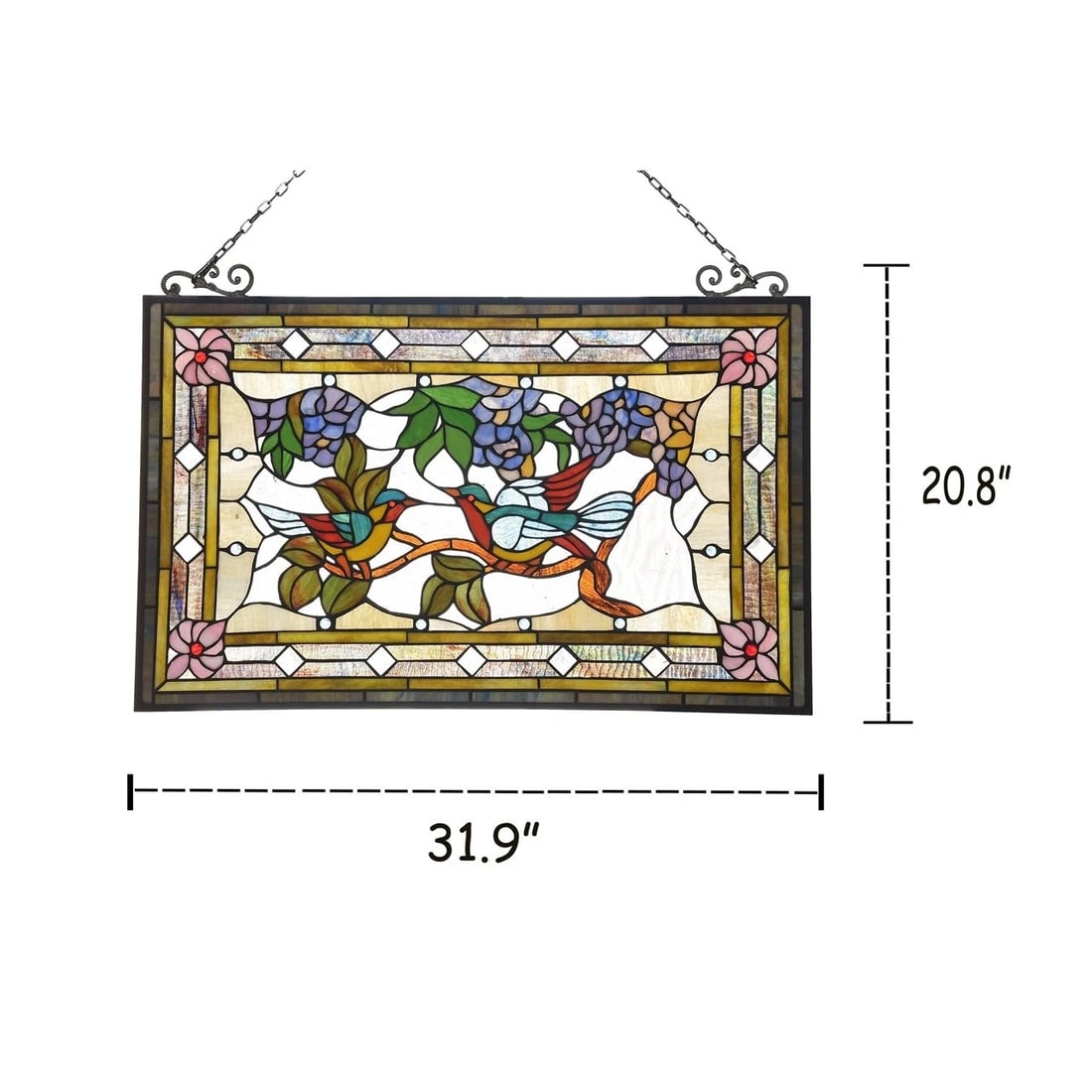 31.9" Tiffany Style Stained Glass Window Panel Birds & Floral Design - 4