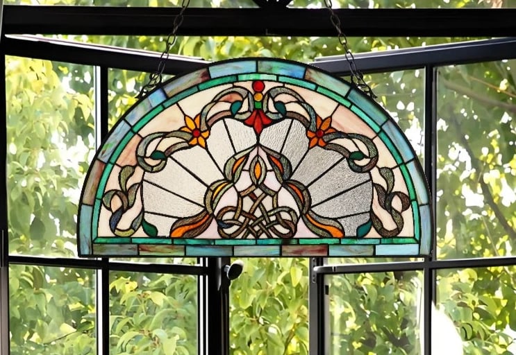 24" Tiffany Style Stained Glass Window Panel Victorian Semi Circle - 5