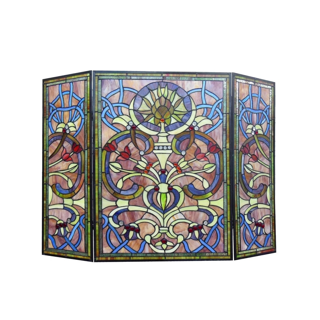Tiffany Style Stained Glass Fireplace Screen - Victorian 3-Panel Folding 40" - 2