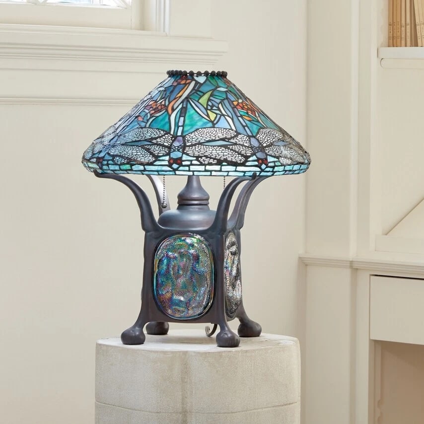 21.5" Blue Stained Glass Dragonfly Turtleback Table Lamp - 8
