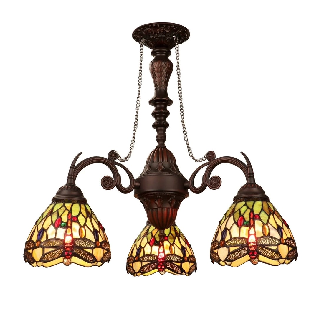 24" 3 Light Stained Glass Dragonfly Hanging Down Light Chandelier - 3