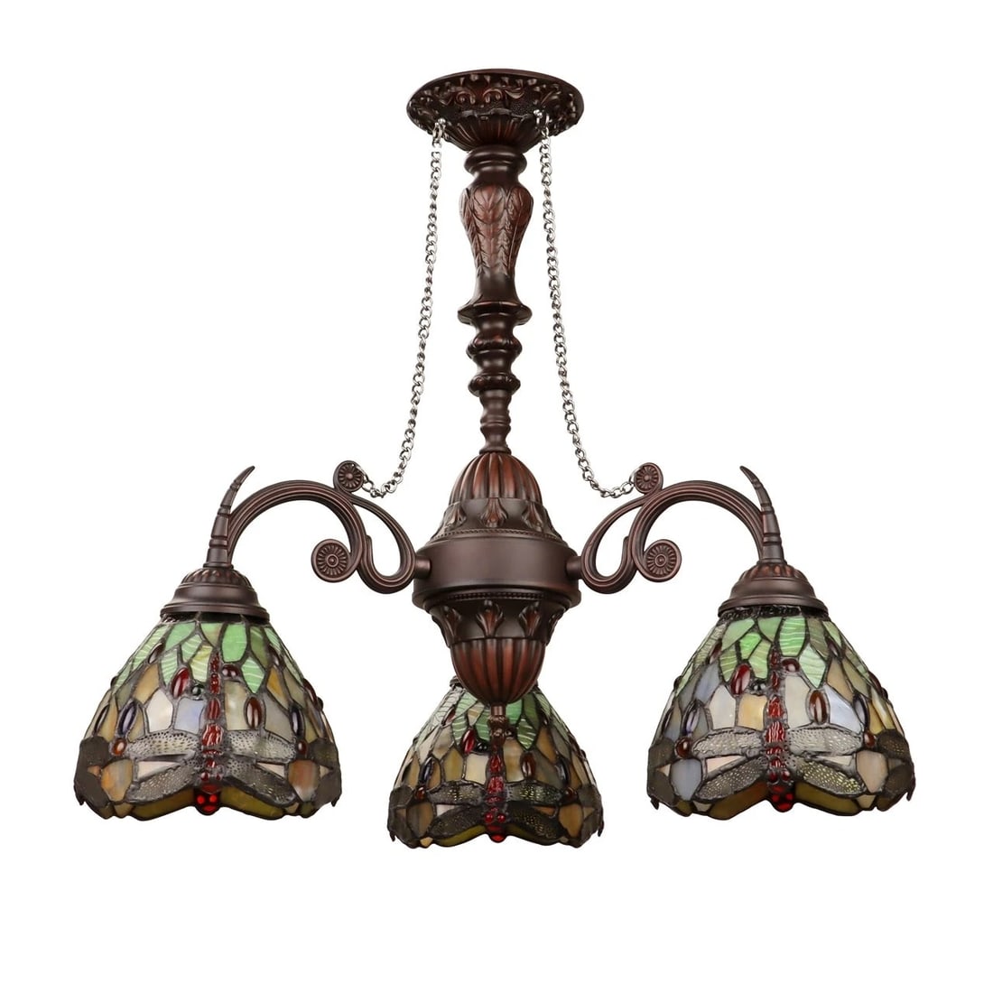 24" 3 Light Stained Glass Dragonfly Hanging Down Light Chandelier - 4