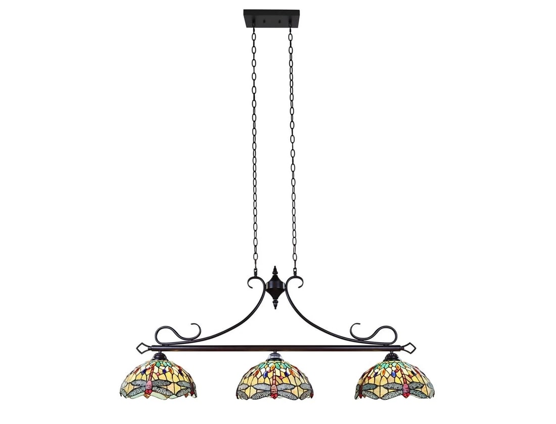 48" Stained Glass 3 light Dragonfly Island Billiard Pendant Light - 3