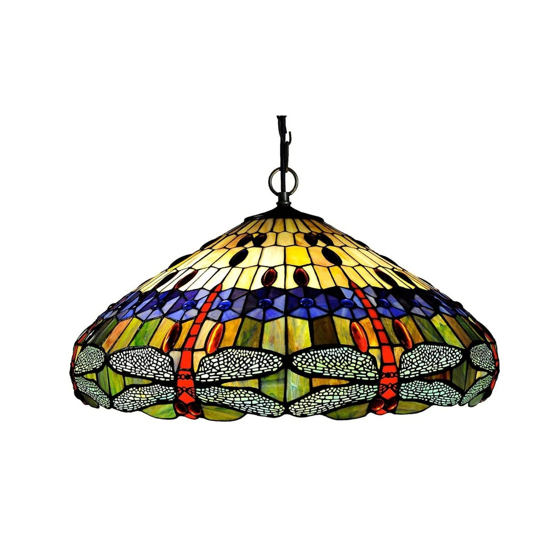 24 " Stained Glass Dragonfly Pendant Swag Ceiling Light: 24" Wide Wonderful reproduction 24" stained glass shade hanging lamp. Can be converted to a swag lamp with a swag kit not included. The technique used to make this lamp is the same used by Louis Tiffa