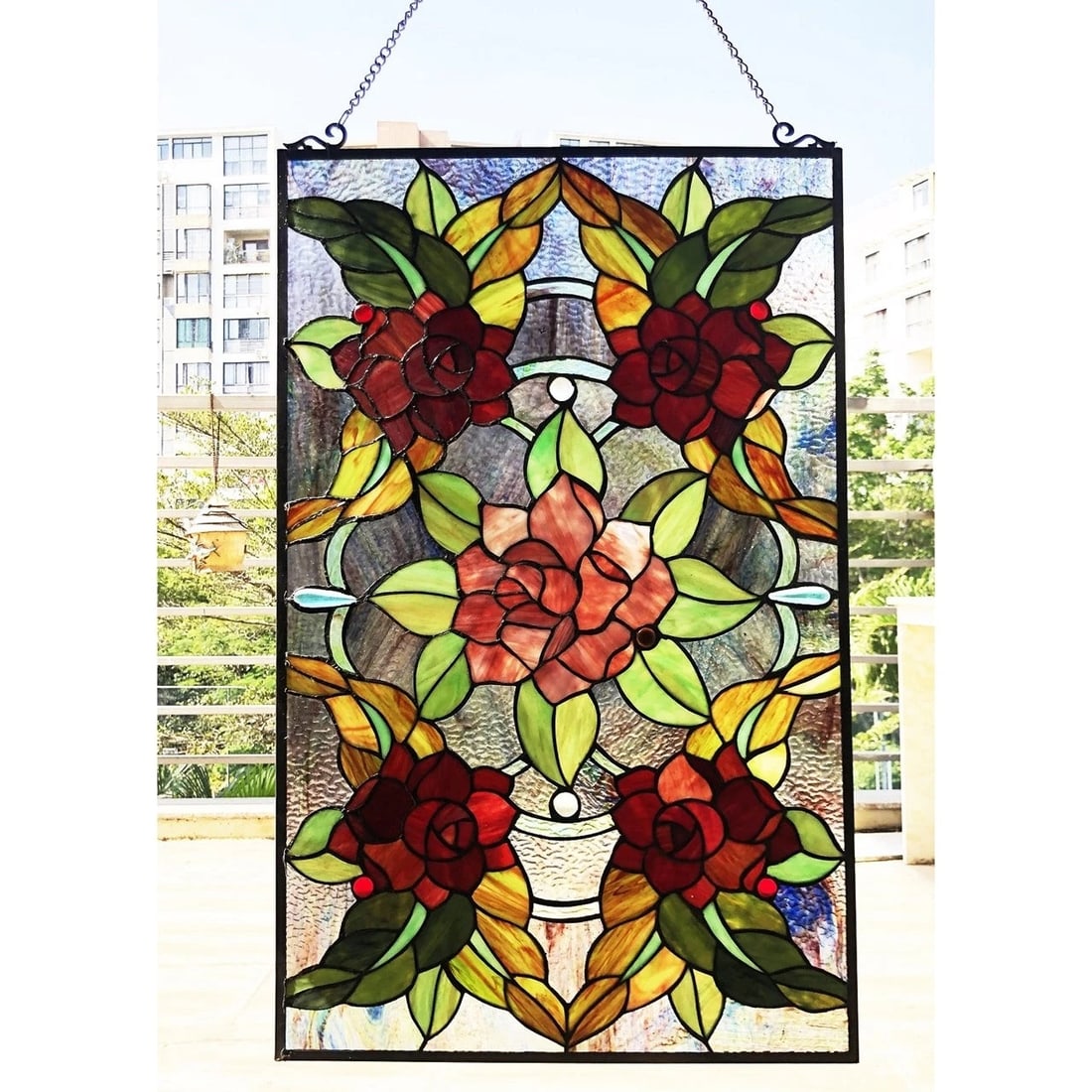 32" Rose Bush Stained Glass Window Hanging Panel Suncatcher - 3
