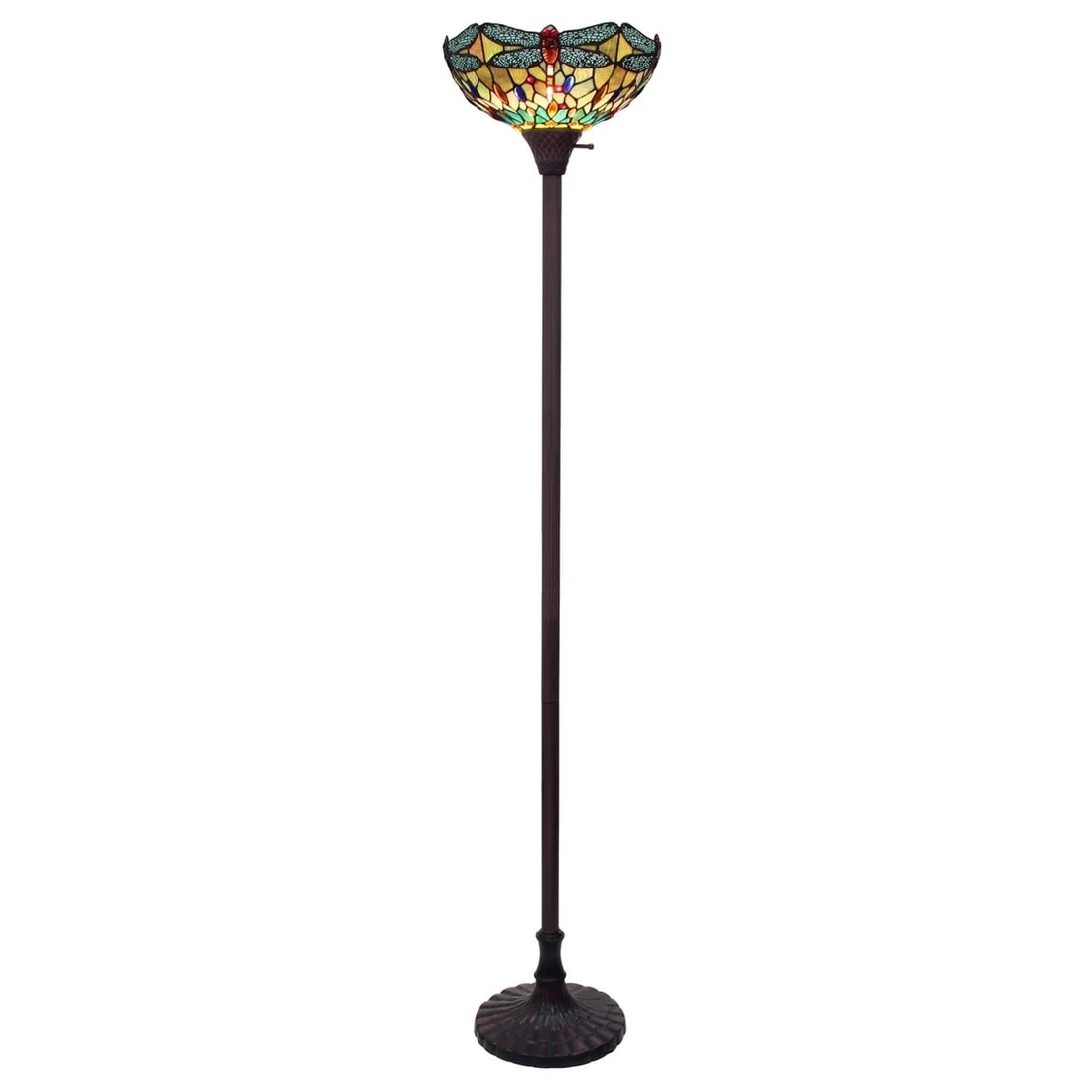 69.49" Stained Glass Dragonfly Torchiere Floor Lamp: 69.49" Tall 14.17" Wide Wonderful reproduction floor lamp handcrafted in the spirit of the original artisans who brought light to the decorative arts of the early 1900s. Using traditional copper-foil 