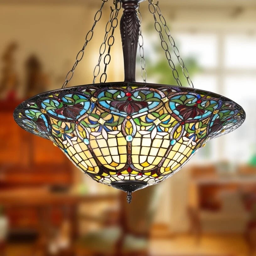 24" Wide Stained Glass Inverted Pendant Uplight Ceiling Light - 2
