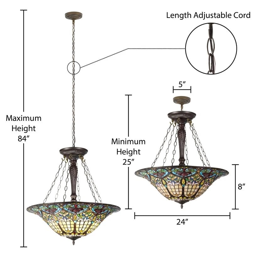 24" Wide Stained Glass Inverted Pendant Uplight Ceiling Light - 7