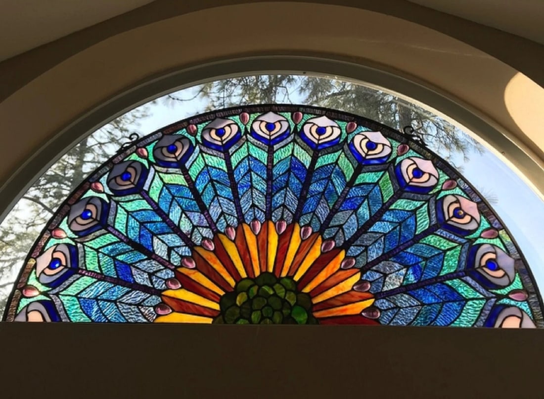 35" x 18" Hanging Stained Glass Half Circle Window Panel Suncatcher - 3