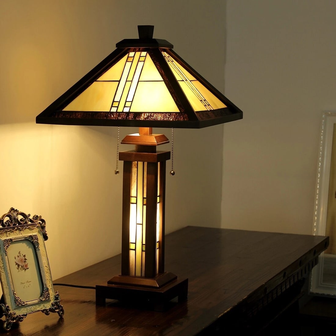 25.6 3 light Stained Glass Wood Mission Table Lamp - 3