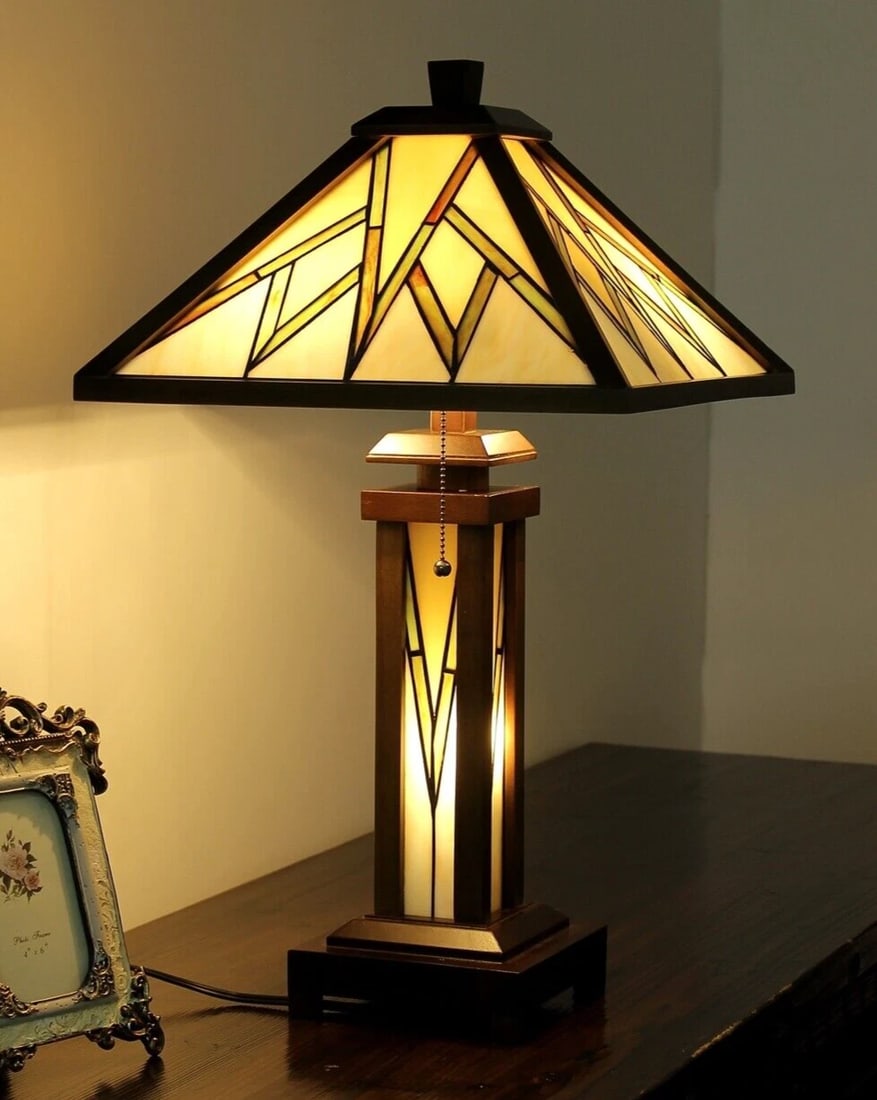 25.6 3 light Stained Glass Wood Mission Table Lamp - 3