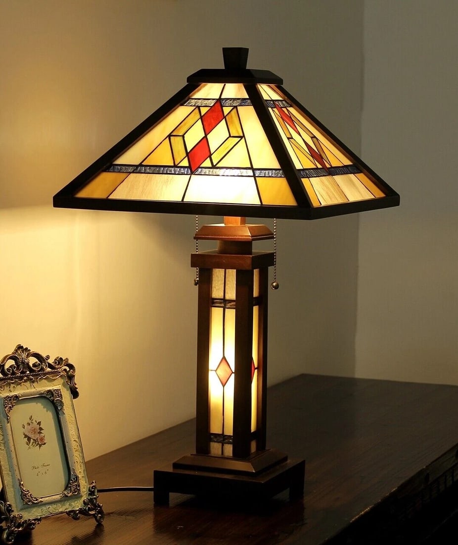 25.6 3 light Stained Glass Wood Mission Table Lamp - 3