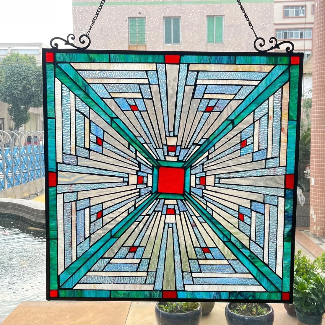 26" Mission Stained Glass Hanging Window Panel - 6