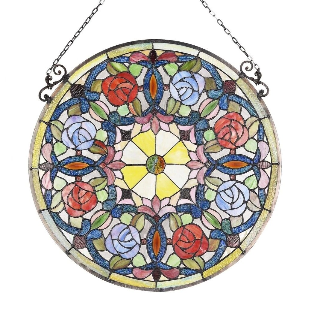 23.4" Round Floral Stained Glass Window Hanging Panel Suncatcher - 2