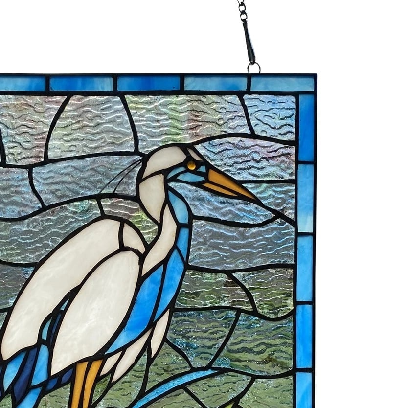 18" White & Blue Crane Stained Glass Window Panel - 2