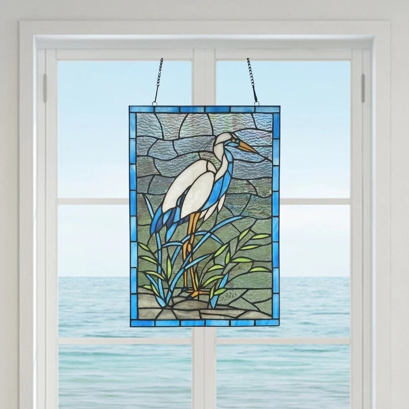 18" White & Blue Crane Stained Glass Window Panel - 3