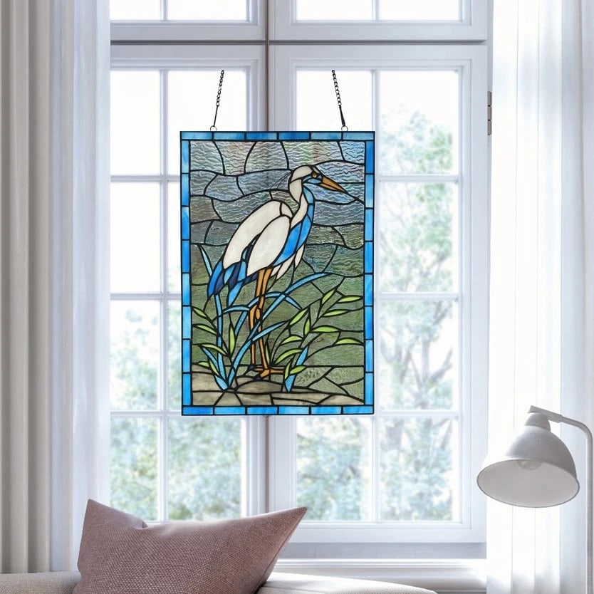 18" White & Blue Crane Stained Glass Window Panel - 4