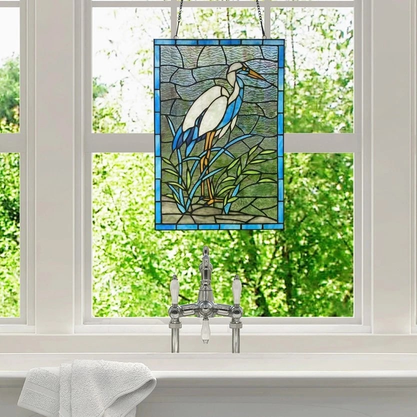 18" White & Blue Crane Stained Glass Window Panel - 5
