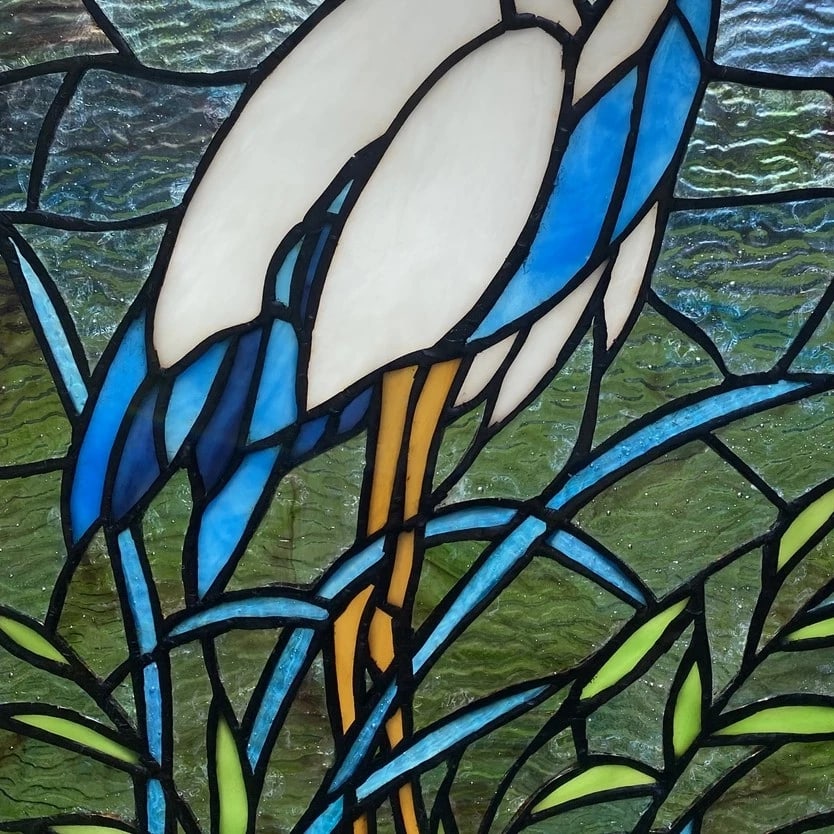 18" White & Blue Crane Stained Glass Window Panel - 6