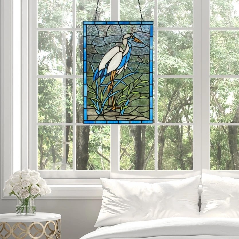18" White & Blue Crane Stained Glass Window Panel - 8