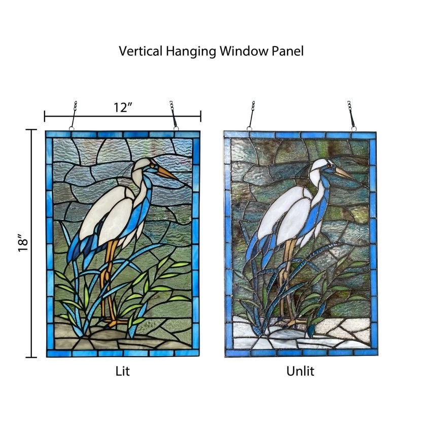 18" White & Blue Crane Stained Glass Window Panel - 9