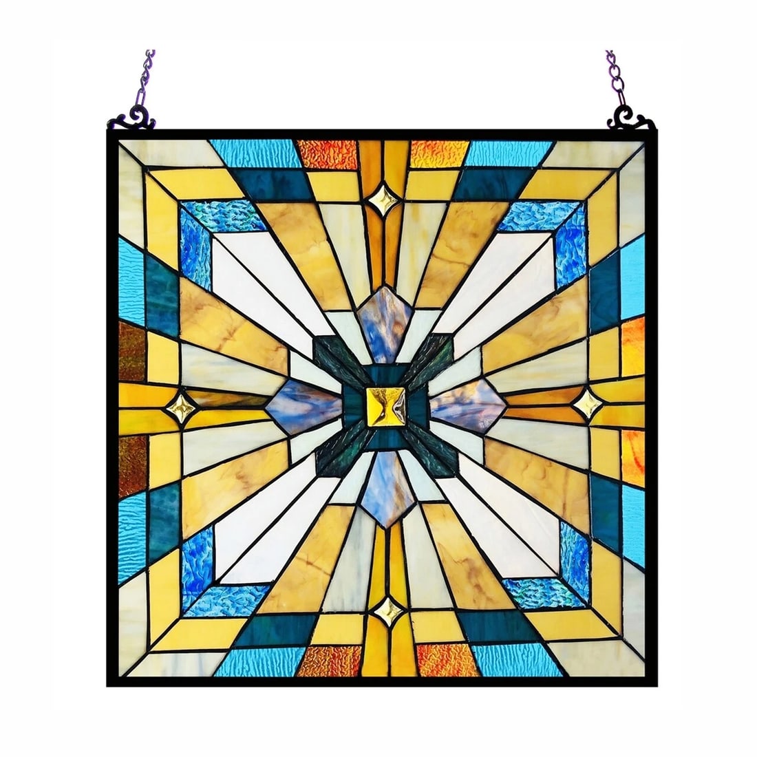 20" Square Panel Stained Glass Window Hanging Panel Suncatcher: 20"x 20" Introducing a magnificent reproduction stained glass window panel that radiates timeless beauty. The technique used to make this window is the same used by Louis Tiffany in the early 1900s.