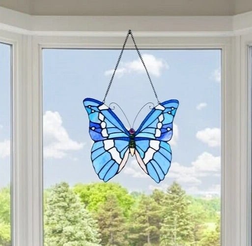 13 1/2" Blue Butterfly Stained Glass Window Hanging Panel Suncatcher - 3