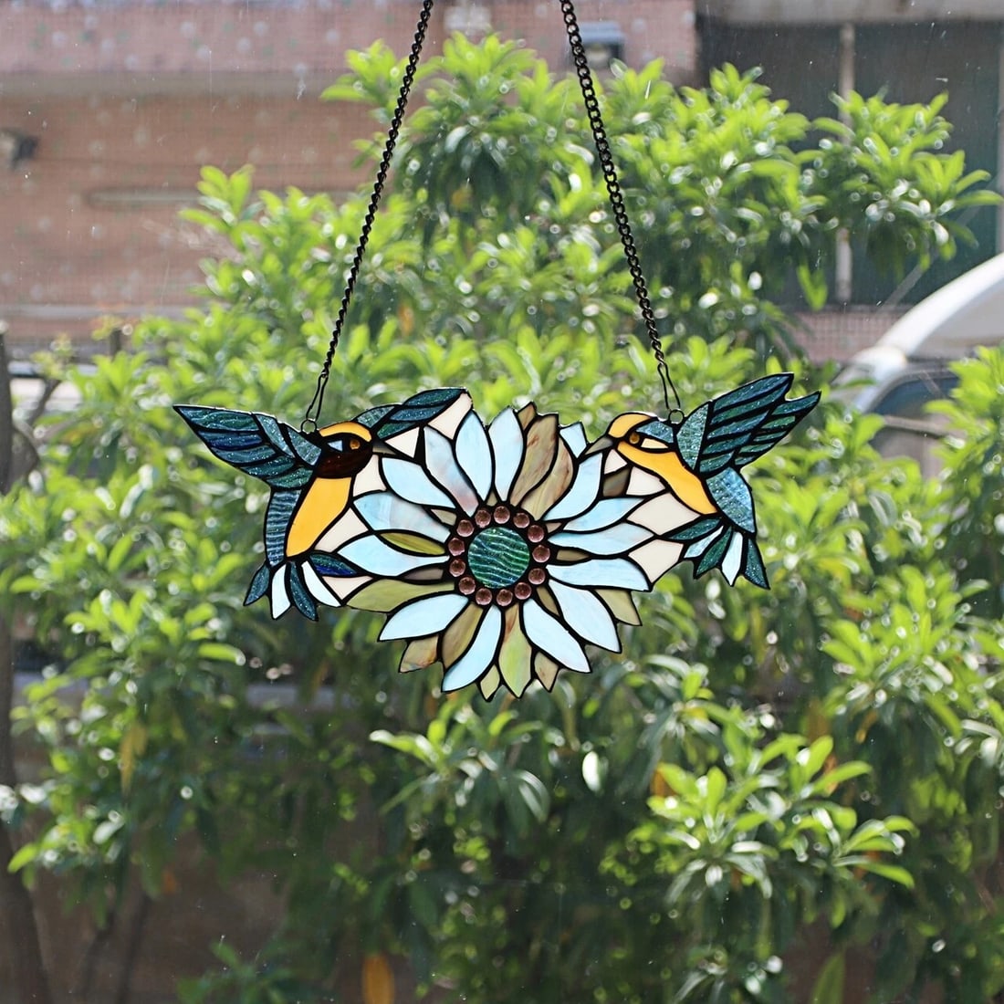 17" Stained Glass Humming Bird Suncatcher Window Panel - 7