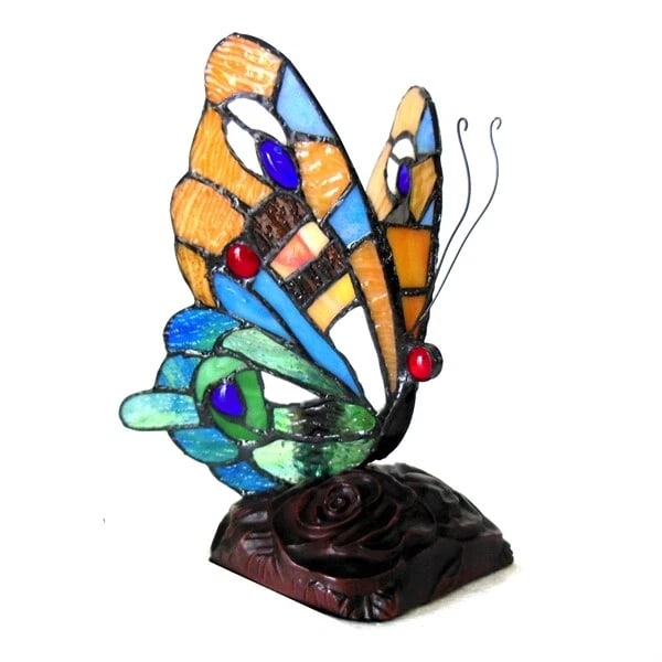 9.25" Blue Butterfly Stained Glass Accent light Lamp - 2