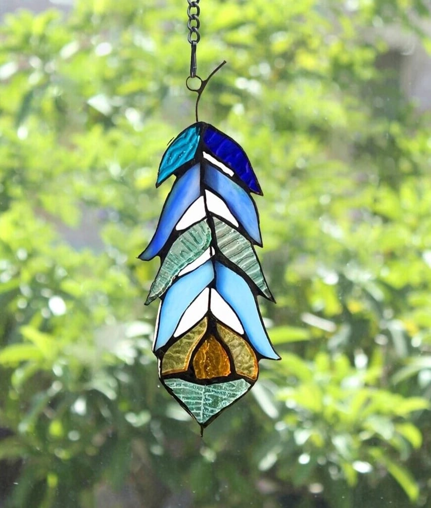 7 1/2" Stained Glass Feather Window Hanging Panel Suncatcher - 3