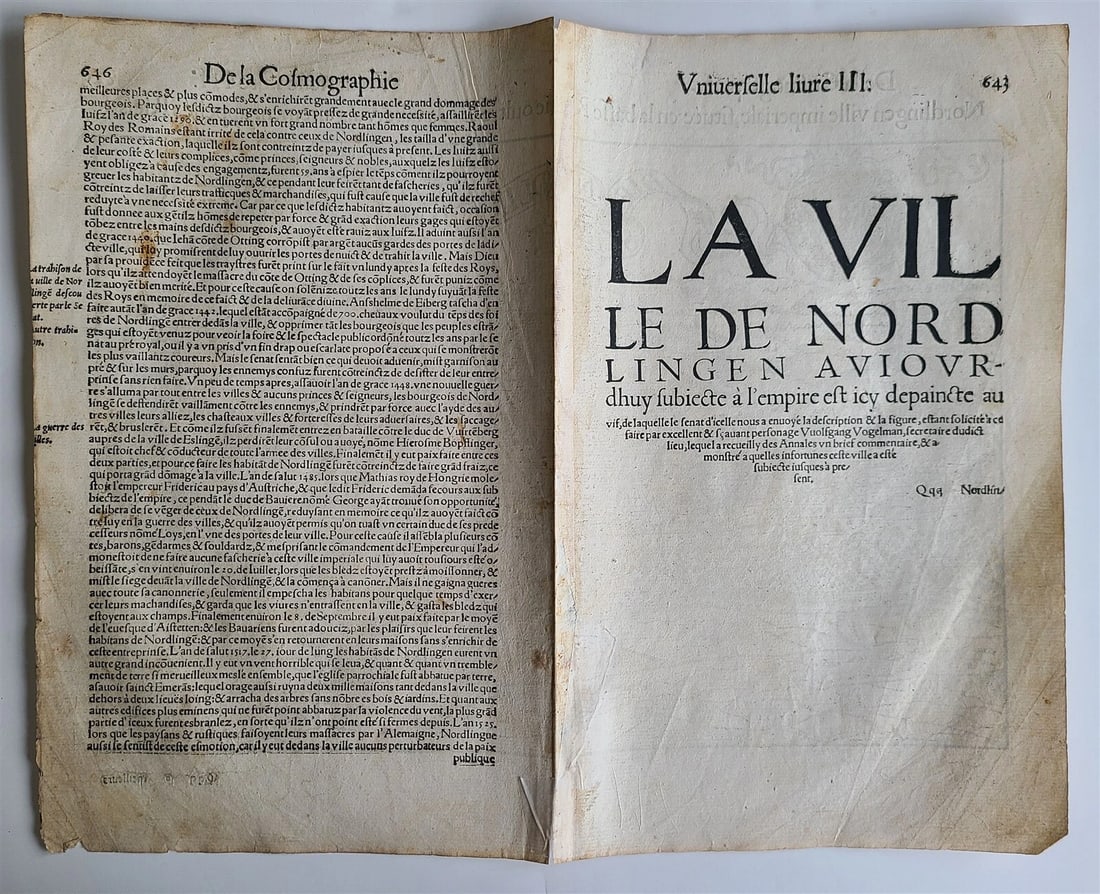 1575 NORDLINGEN GERMANY LEAF BELLEFOREST EDITION of MUNSTER COSMOGRAPHY antique - 2