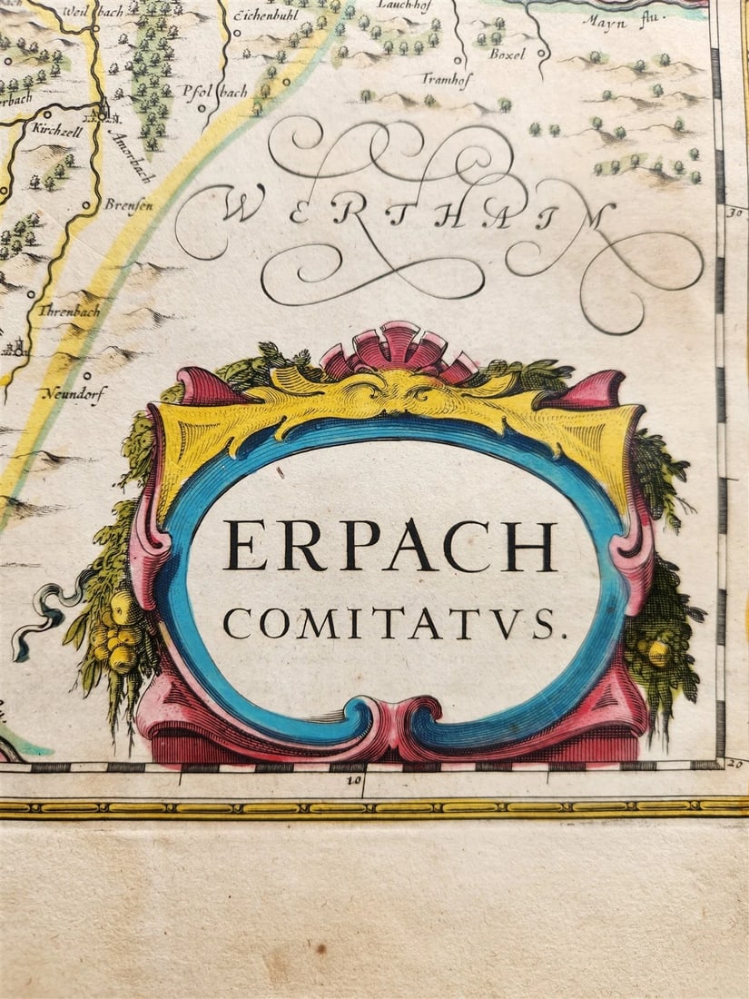 1640 MAP of GERMANY ERBACH by WILLEM BLAEU antique AUTHENTIC hand colored - 2