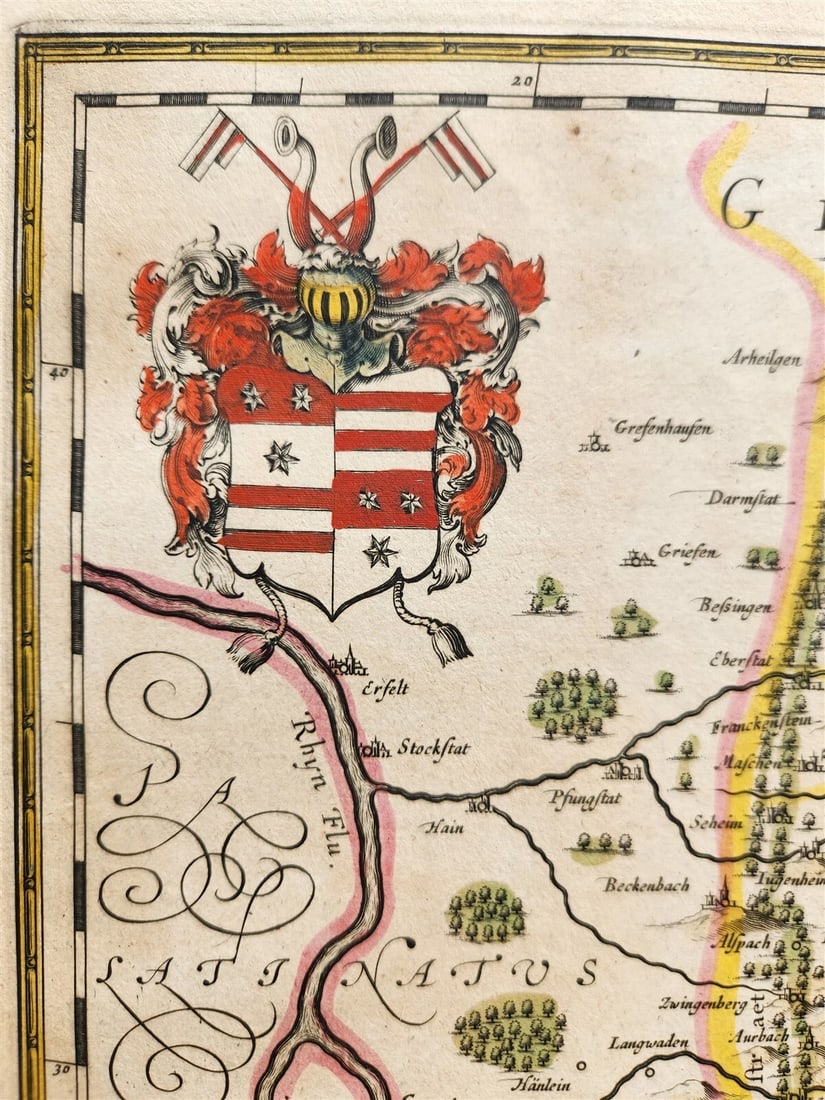 1640 MAP of GERMANY ERBACH by WILLEM BLAEU antique AUTHENTIC hand colored - 3