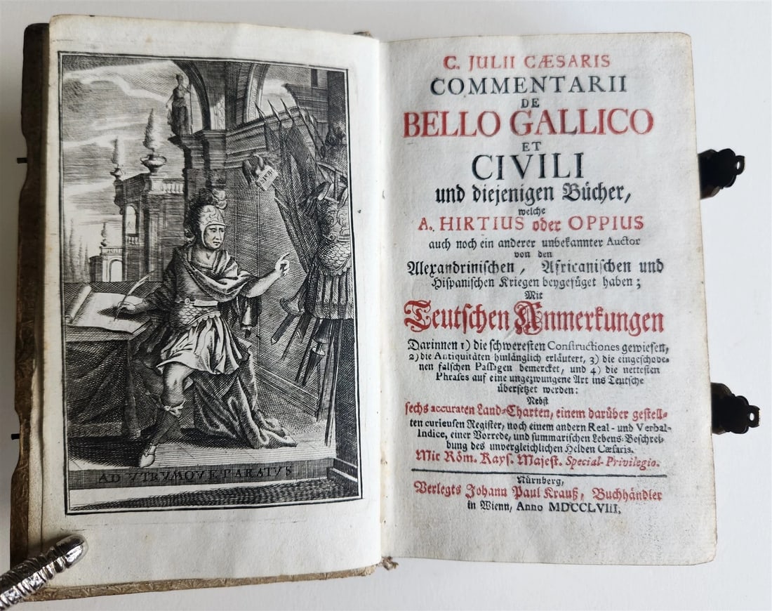 1758 JULIUS CAESAR ILLUSTRATED w/ MAPS DE BELLO GALICO et CIVILI antique PIGSKIN - 2