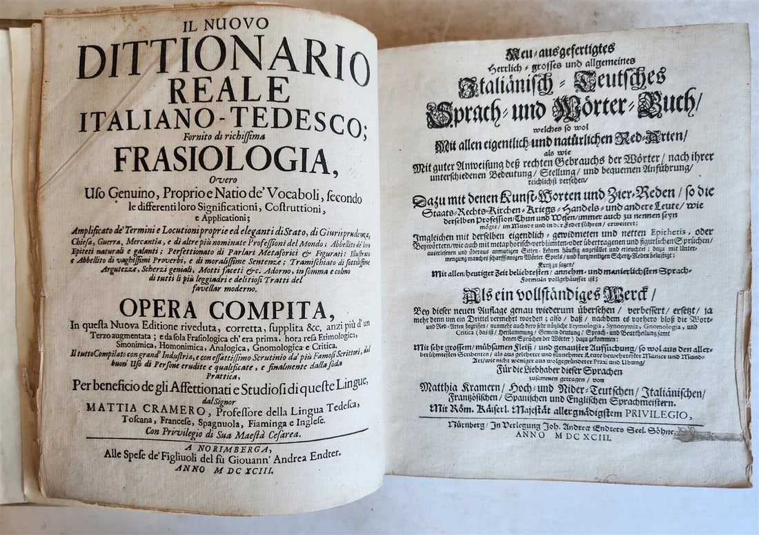 1693 ITALIAN GERMAN DICTIONARY by M. CRAMER antique VELLUM BOUND - 4