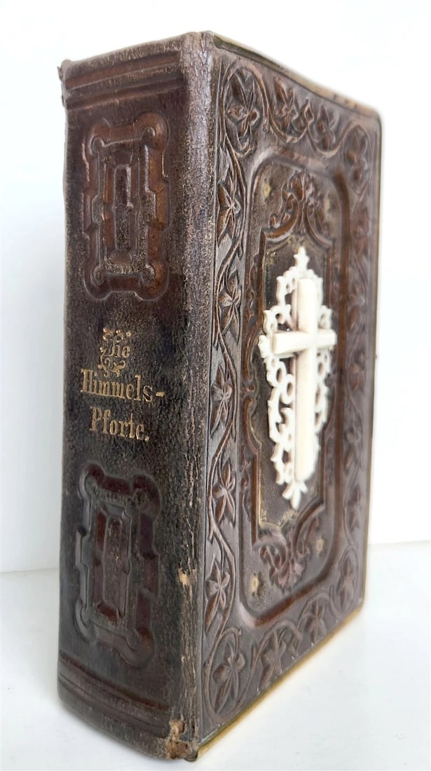 1870s PRAYER BOOK in GERMAN antique APPLIED BONE CROSS BINDING DIE HIMMELSPFORTE - 2