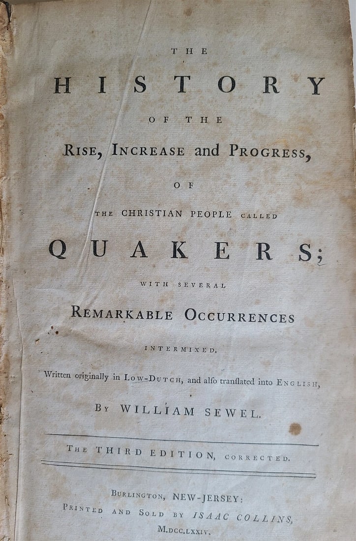 1774 HISTORY of QUAKERS by WILLIAM SEWEL antique AMERICANA Burlington NJ FOLIO - 2