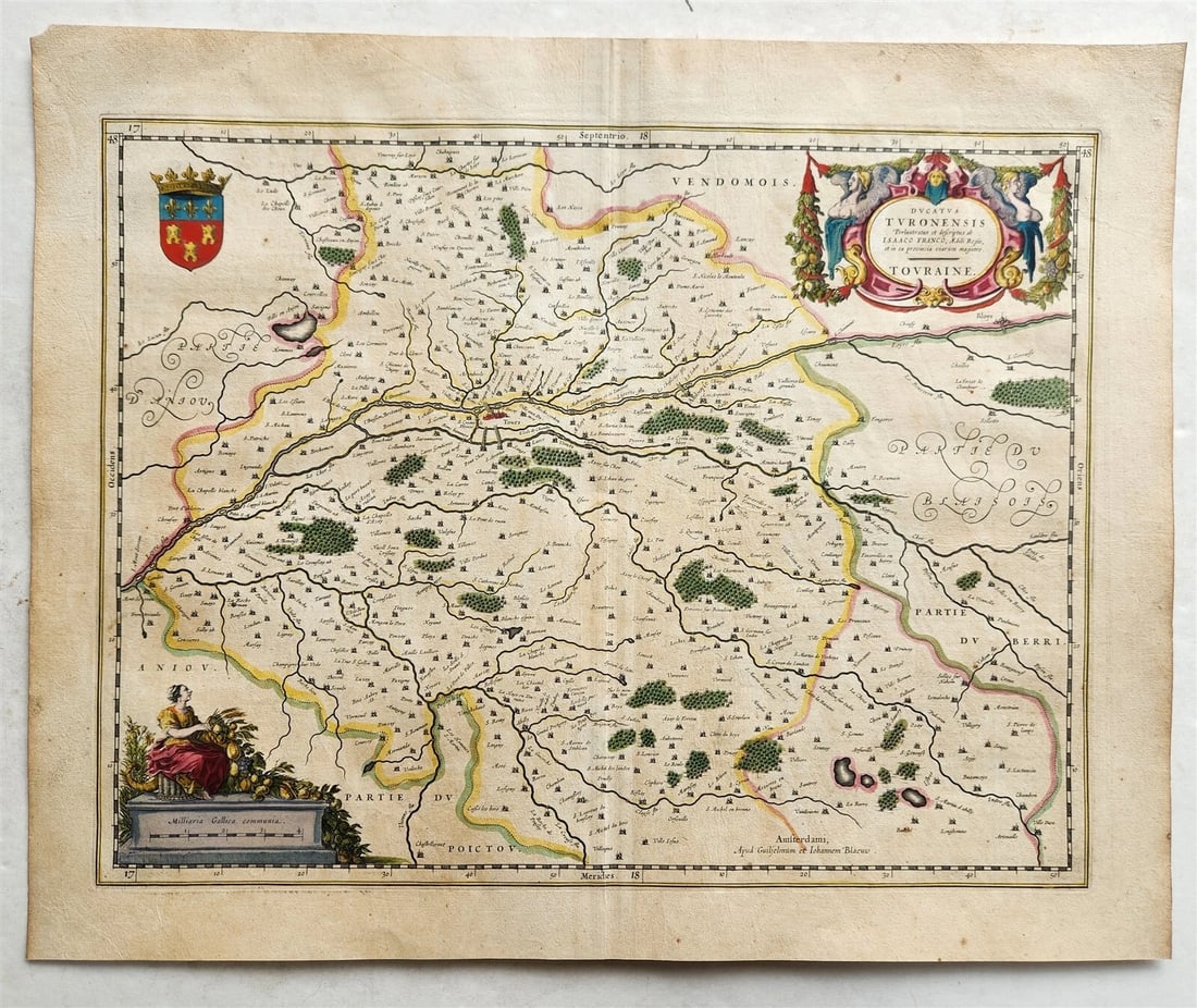 1640 MAP of FRANCE TOURAINE by WILLEM BLAEU antique AUTHENTIC hand colored - 2