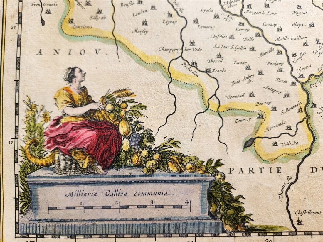 1640 MAP of FRANCE TOURAINE by WILLEM BLAEU antique AUTHENTIC hand colored - 3