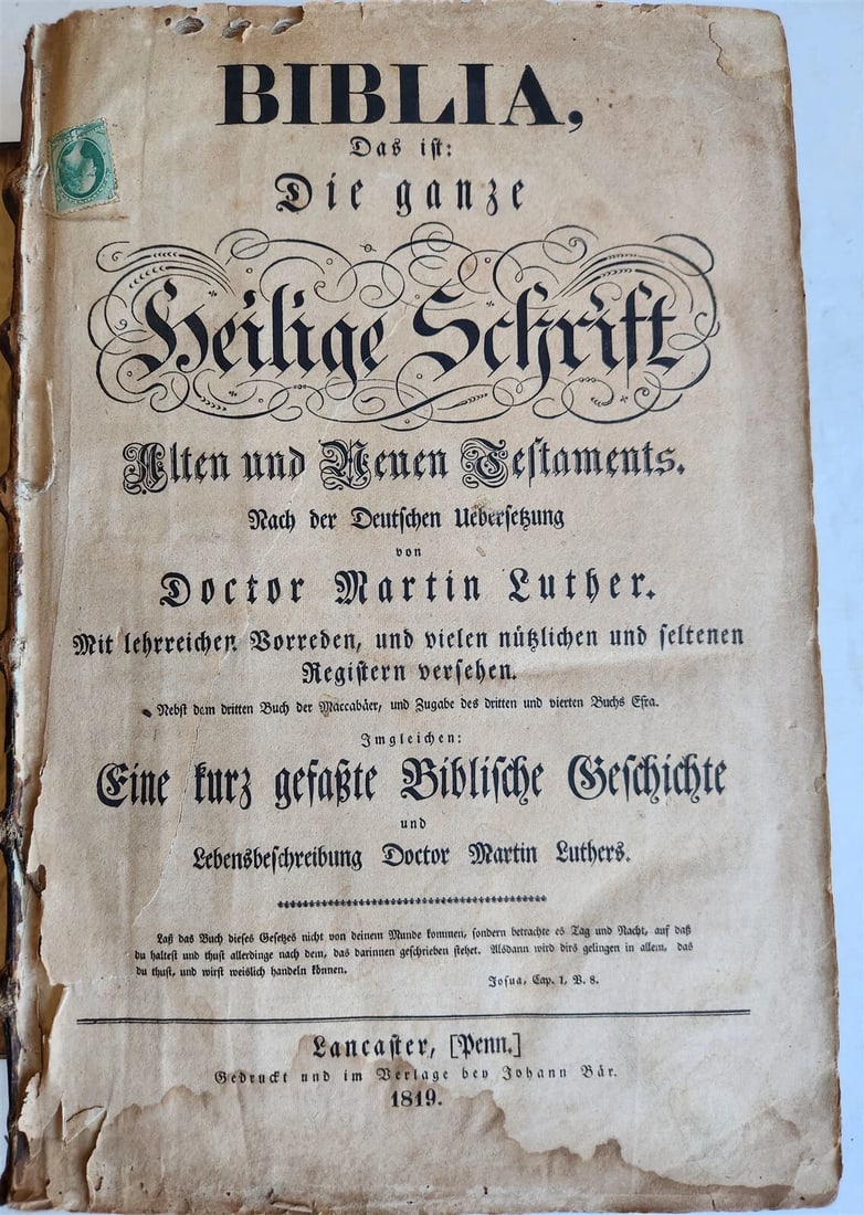 1819 BIBLE 1st Folio Ed PENNSYLVANIA GERMAN Lancaster PA JOHANN BAR antique RARE - 4
