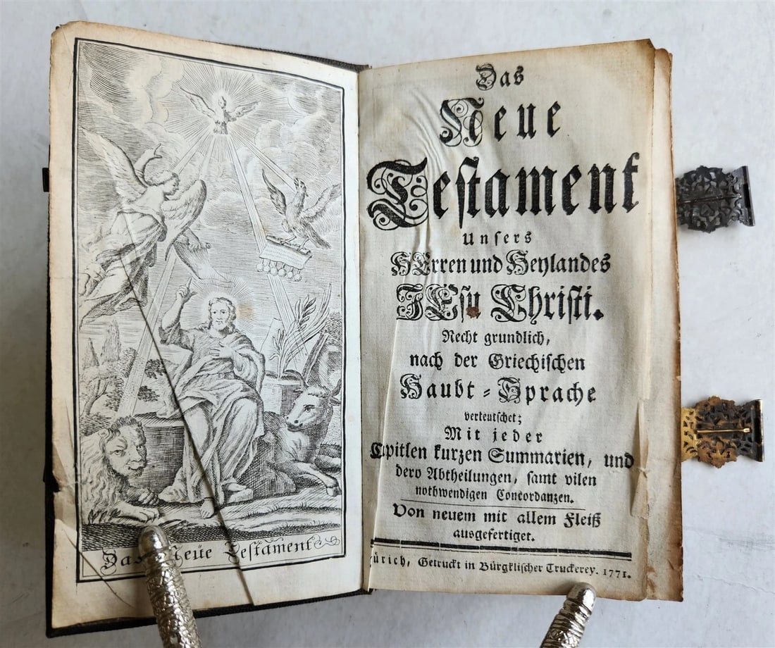 1771 BIBLE in GERMAN STINGRAY BINDING w/SILVER CLASPS antique ILLUSTRATED ZURICH - 2
