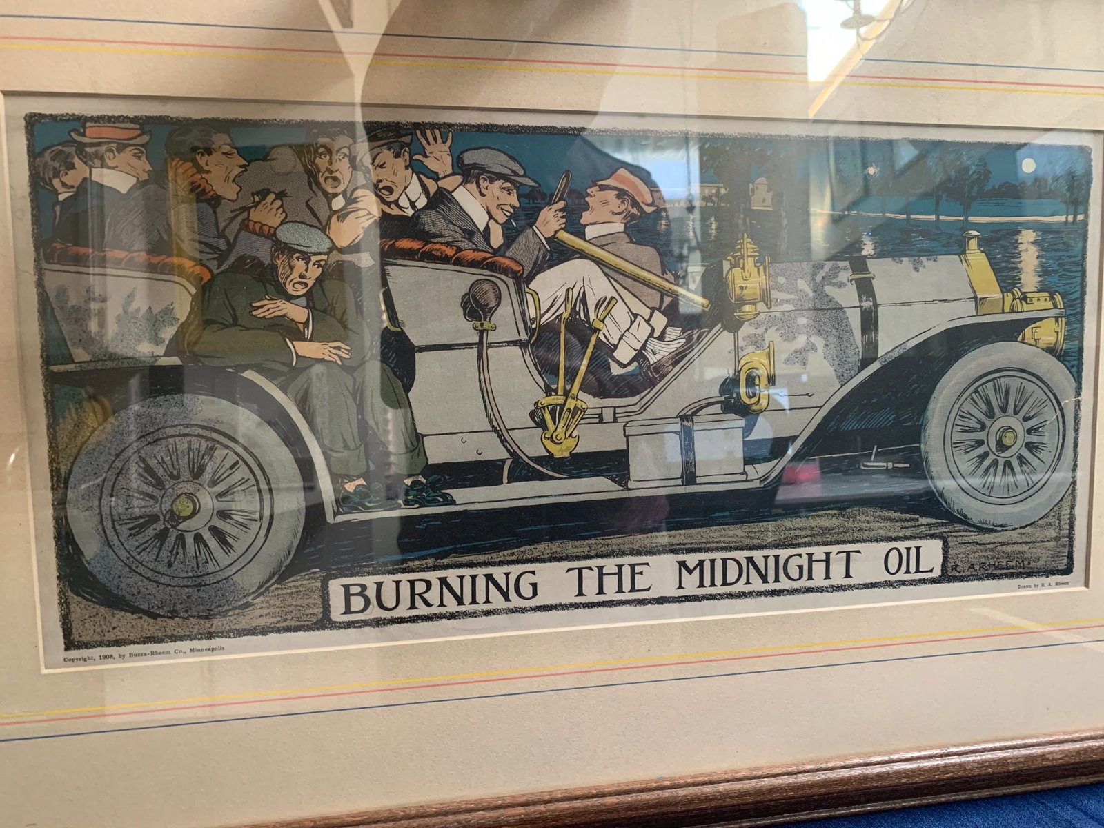 Burning The Midnight Oil - Art by R.A. Rheem (1908) 11x23.5 US Lithograph Poster - Framed - 8