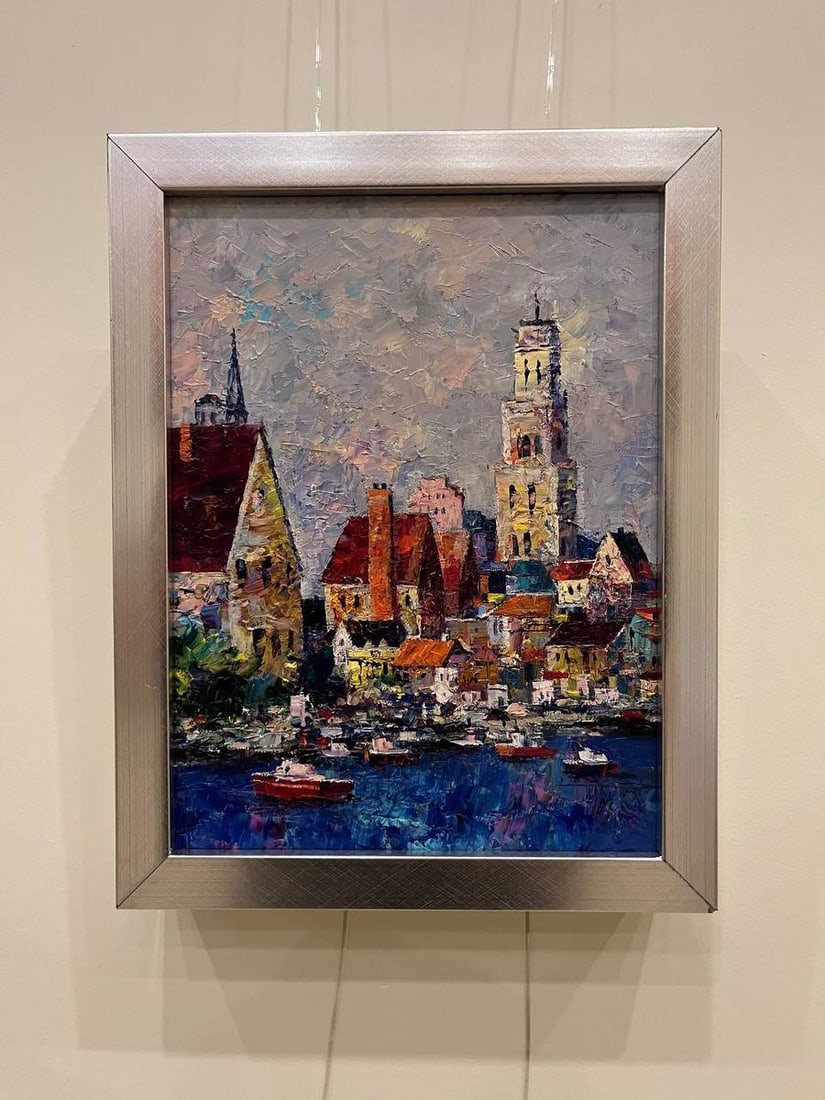 Oil painting City boats at the ferry Serhiy Rybak - 2