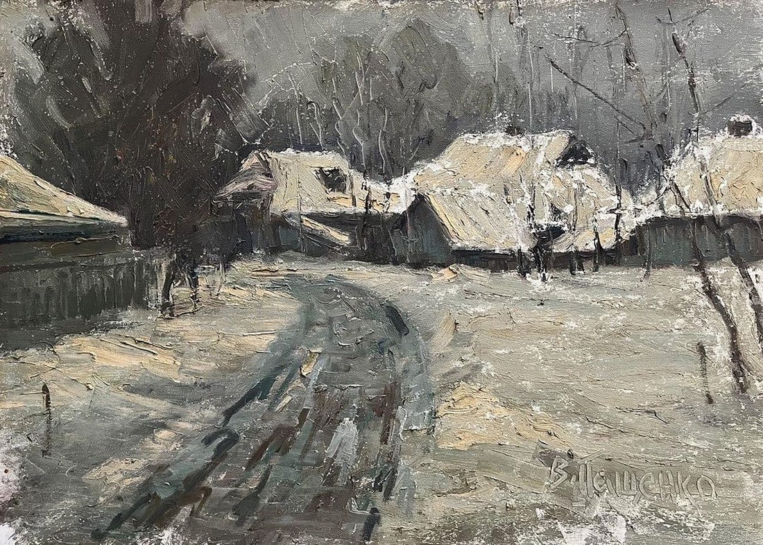 Oil painting Winter in the village Volodymyr Pashchenko: Title : Oil painting Winter in the village Volodymyr Pashchenko Description: Galler 192*** ABOUT THiS PAiNTiNG **** TiTLE: "Winter in the village"* ARTiSTS: Volodymyr Pashchenko* SiZE: 50x70 cm/'19.68
