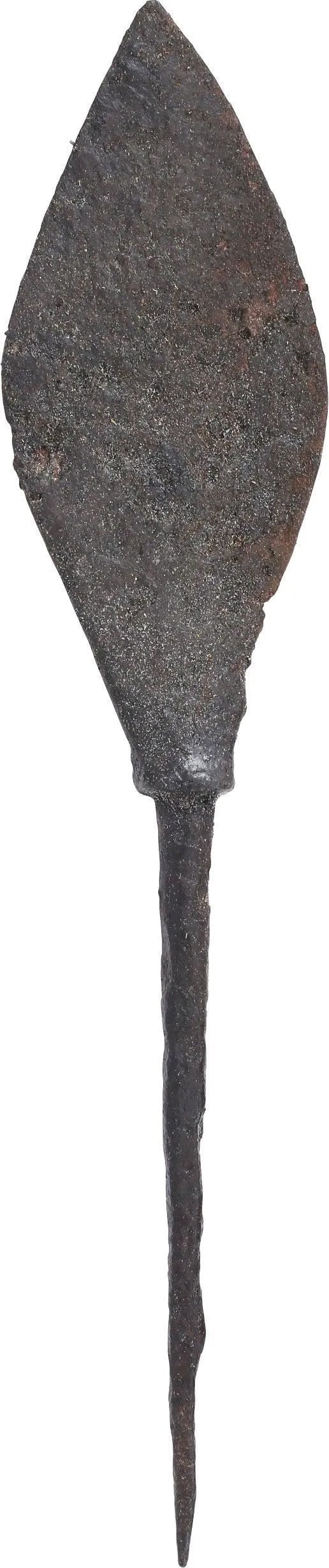 ANCIENT VIKING RAIDER'S TANGED ARROWHEAD, 10th-11th C.: 4 3/4" length, well-forged iron of leaf shape with spread foot and tapered tang. Flat both sides which were characteristic of Viking arrows used for surprise raids where the victims wore no protective
